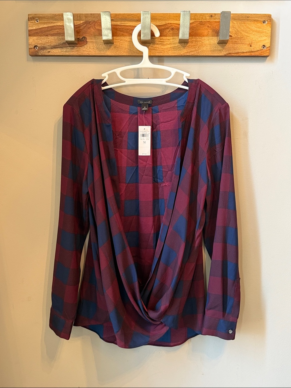 Ann Taylor - Maroon and Blue Plaid Draped Long Sleeve Top